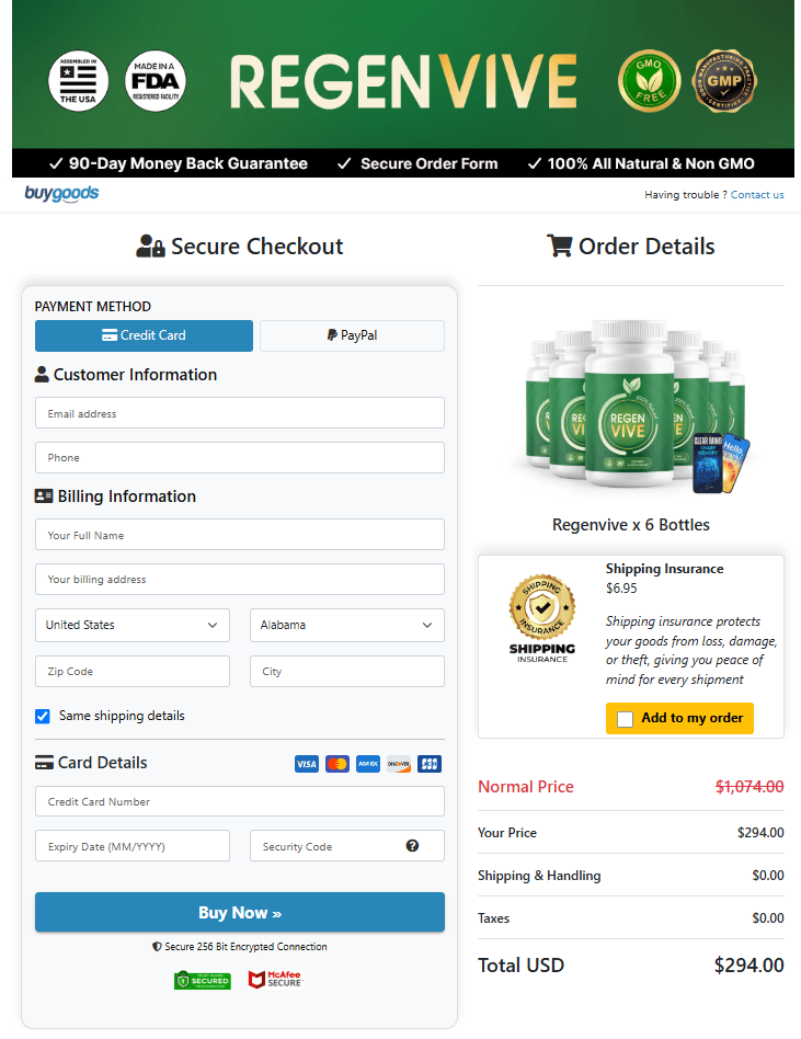 RegenVive checkout page